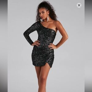 One-Shoulder Black Sequin Mini Dress